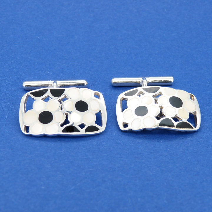 Sterling Silver 925 Floral Mother of Pearl and Enamel Chain link Cufflinks